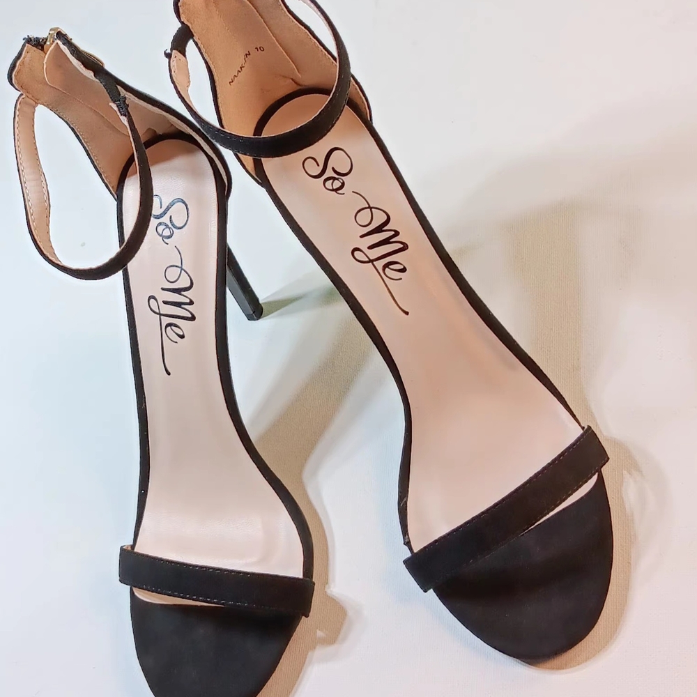 SO ME Women's Black Open Toe Ankle Strap  Stiletto  Heels - 10